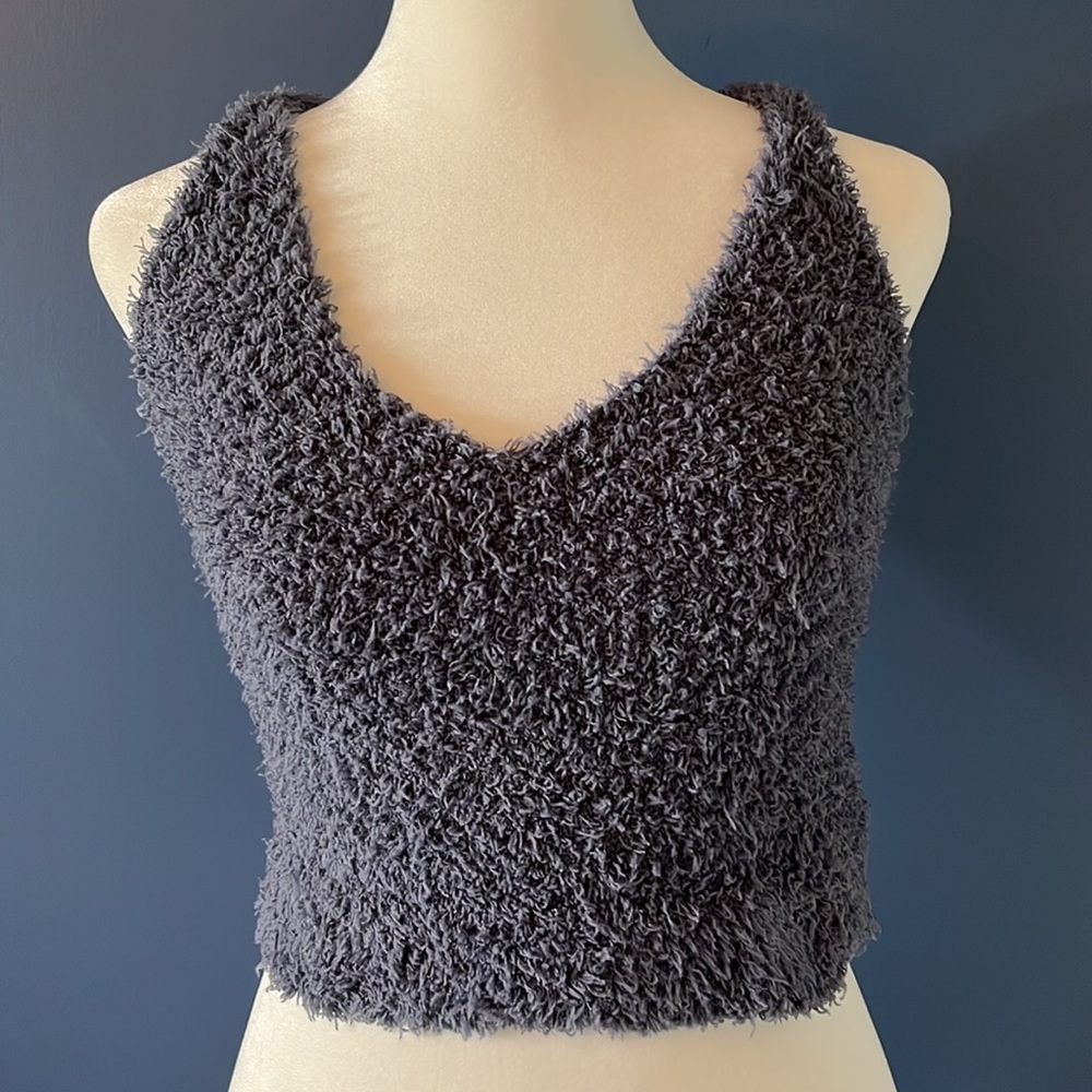 POL cropped Juniors cami, soft,  fuzzy,  gray/blue top, This summer’s go-to top!